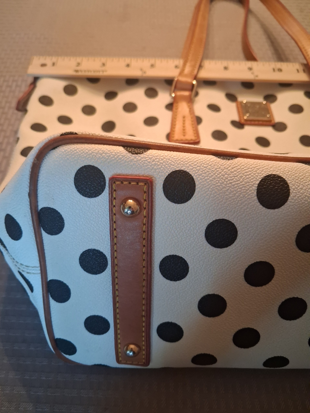 Dooney & Bourke Cream Tote with Black Polka Dots and Tan Leather Trim - Picture 5 of 12